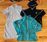 Front view of all three Adidas garments laid out