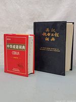 Two dictionaries: English-Chinese Dictionary of Mechanical & Electrical Engineering with black cover and gold text, and a Chinese dictionary with red cover.