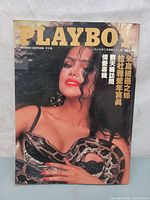 Front cover of Playboy magazine March 1989 Hong Kong Chinese edition featuring a woman in animal print attire with curly hair and red lipstick, the magazine name is in gold lettering.