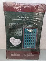 Photo of front of sealed collector case with text about the 50 States Commemorative Coins program, approximate size and features.