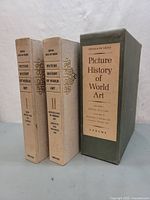 Two hardcover volumes of 'Picture History of World Art' with beige cloth covers and green slipcase.