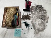 Overview photo showing wigs, hairpieces, and accessories laid out next to storage box.