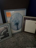 Three floral theme framed pictures seen leaning against a dark wall and carpeted floor