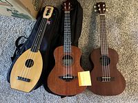 Front overview of all three ukuleles and two cases on carpeted floor