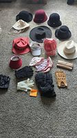 Overview of hats, visors, gloves, and wallet on carpet floor