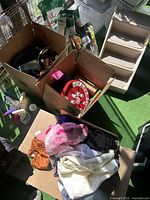 Boxes with dog bowls and clothes, small dog steps visible