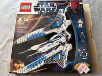 Front photo of the LEGO Star Wars set box showing the fighter model, Star Wars and LEGO branding, age range, piece count, and character images.