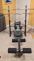 Full view of weight bench with various weight plates stacked and bars mounted including curl and bench bars.