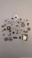 Collection of 26 assorted pins laid out on a flat surface, showing various shapes and colors including enamel and metal finishes.