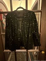 Front view of black sequin jacket on hanger