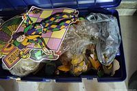 Top view of tote showing Mardi Gras jester figure, plastic bags, assorted décor