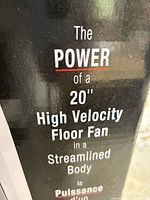 Close-up of box highlighting text describing the 20" high velocity floor fan in a streamlined body.
