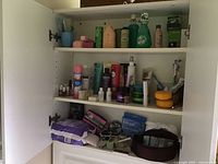 Closed cabinet with feminine hygiene products, assorted shampoos, soaps, small bottles, nail polishes, and toothbrush holders.