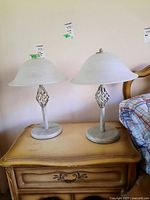 Two matching table lamps with metal cage-style bases and frosted glass dome shades on a wooden surface