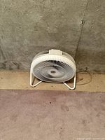 White circular floor fan shown against a concrete wall and carpeted floor, powered by cord, mounted on white metal stand with central grill.