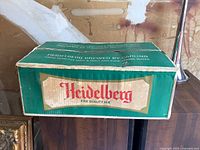 Closed original cardboard case showing Heidelberg branding and Carling brewing information from 1970s.