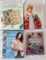 Four knitting and crochet books, titled 'Knitting: A Step-by-Step Guide', 'Glorious Crocheted Sweaters', 'Vintage Styles for Today', and 'Quick and Easy Crochet' laid out together.