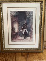 Frontal photo of the framed artwork showing a young girl knocking on a door in a detailed, muted color still life style.