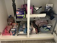 Shelf with feminine hygiene products, hair rollers, travel bags, small care items in a cabinet