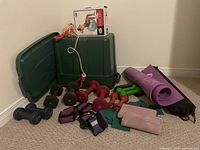 Photo showing the full lot including dumbbells of various colors and sizes, ankle weights, yoga mats, and storage bin.