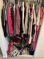 Closet full of various women's sweaters, shirts, and dresses on hangers, with purses and bags piled at the bottom.