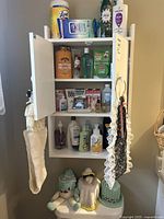 Full view of bathroom cabinet with opened doors showing multiple bath and cleaning products and crocheted decor underneath.