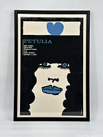 Full view of framed 'Petulia' movie poster showing graphic artwork of a woman's face with blue eyes and lips, blue heart above, and film credits.