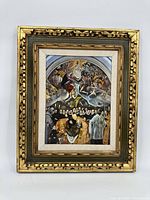 Full view of framed religious print depicting the burial of Gonzalo Ruiz de Toledo with ornate gold frame