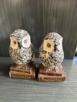 Front view of the two owl book ends with detailed eyes and carved feathers.