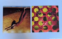 Two vintage vinyl record albums showing front covers; one with a woman in a red dress, the other with an abstract polka dot design