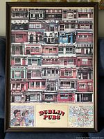 Full view of framed print featuring rows of illustrated Dublin pub storefronts with text and map below