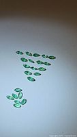 Multiple natural calibrated marquis cut emerald gemstones arranged on a white background showing their size, shape and color.