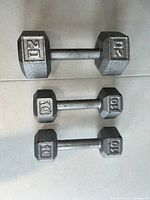 Top view of three hexagonal dumbbells, one larger 20-pound and two smaller 10-pound weights, lined horizontally on white surface.
