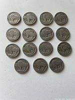 15 Buffalo Nickels arranged in a pattern showing heavy wear and the bison side clearly visible.