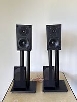 Front view of both speakers on stands with grilles placed in front and speaker wire behind