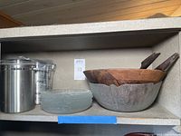 Full lot view showing glass salad bowl, teak bowl with serving spoons, and two metal canisters.