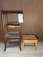 Front and side view of the bamboo shelving unit with three shelves, and small bamboo stand beside it.