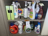 Shelf with NEST Bamboo fragrance diffuser and household cleaning products including Tide detergent, Folex carpet cleaner, Method cleaner, Clorox cleaner, Dawn dish soap and other bottles