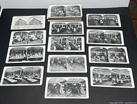 Group display of multiple stereoview cards showing interiors of the Eaton store, including merchandise sections and workrooms.