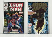 Photo showing two Iron Man comic issues bagged and boarded, numbers #200 and #300.