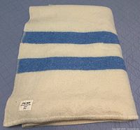 Folded view of the vintage wool blanket showing blue stripes and label.