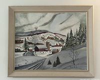 Frontal photo of the framed oil painting showing the entire winter rural scene and frame.