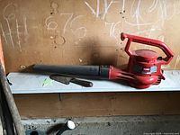 Photo of a red Toro electric leaf blower with long black nozzle on a shelf, also showing part of wooden-handled gardening tools on the side.