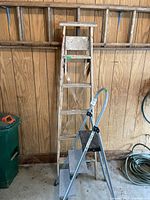 Front view showing two wooden extension ladders and one metal step ladder leaning against a wood-paneled wall. Shows condition and context.