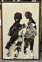 Front view of framed abstract acrylic painting showing two figures in earthy tones.