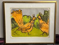 Full view of the framed lithograph print showing two crowned birds in a natural setting, with gold-tone frame.