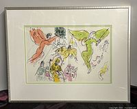 Front view of framed lithograph in silver metal frame with white and green mat showing the full artwork composition.