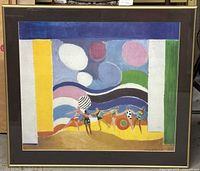 Front view of framed lithograph showing full artwork with abstract colorful design, metal frame and glass