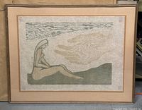 Framed woodcut print in beige frame showing the entire artwork titled 'Touch of Love' by artist Stanley Lewis.