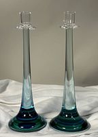 Pair of vintage Murano Sommerso blown art glass candleholders shown full length to depict shape, color, and size.
